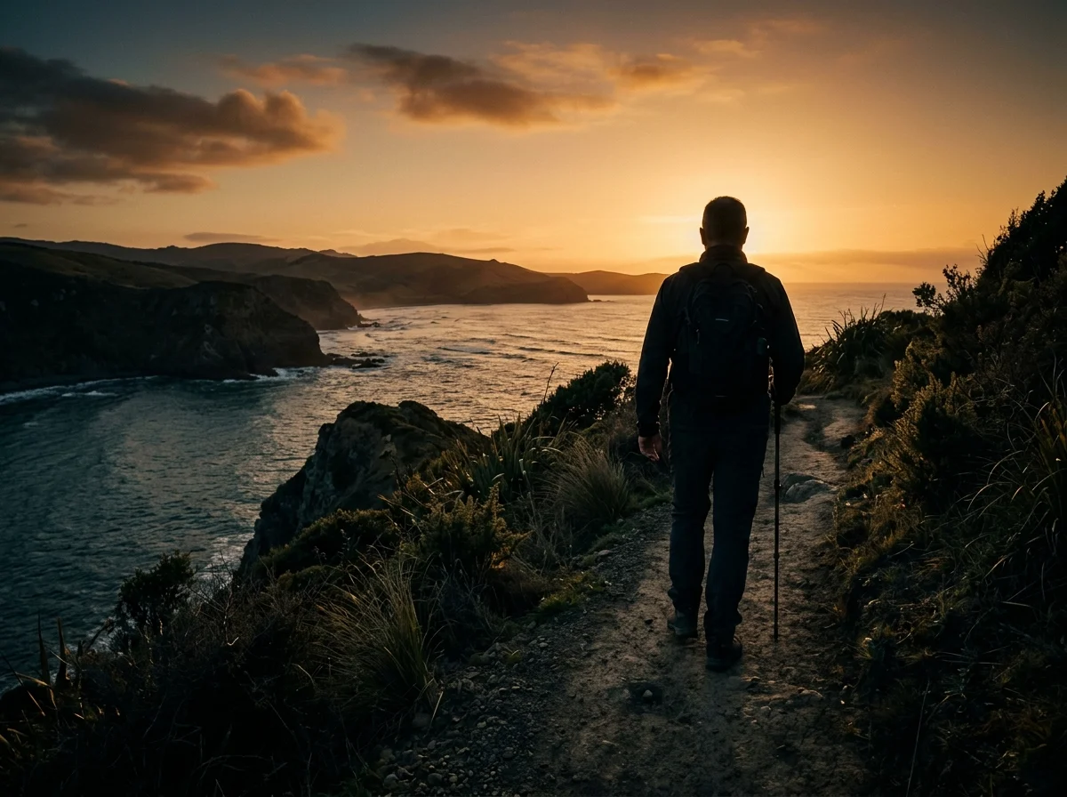 Active man over 50 walking on New Zealand coastal path at golden hour