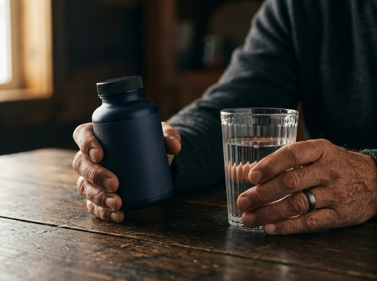 Hands holding Hardero supplement bottle with glass of water - daily routine