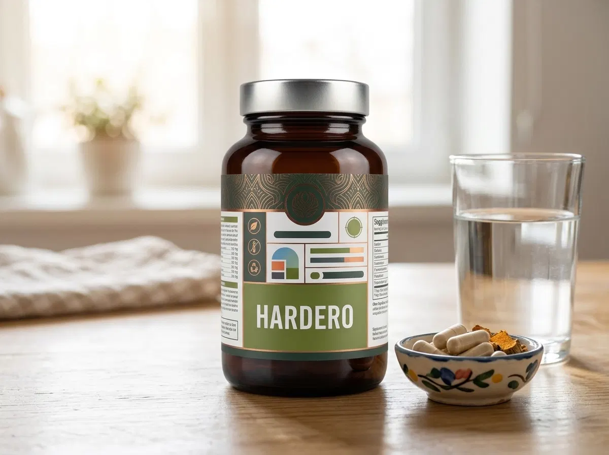 Hardero supplement bottle with capsules and saw palmetto berries